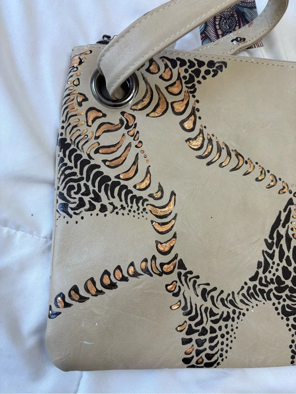Wristlet Clutch in Taupe with Black and Metallic Accents. Hand painted